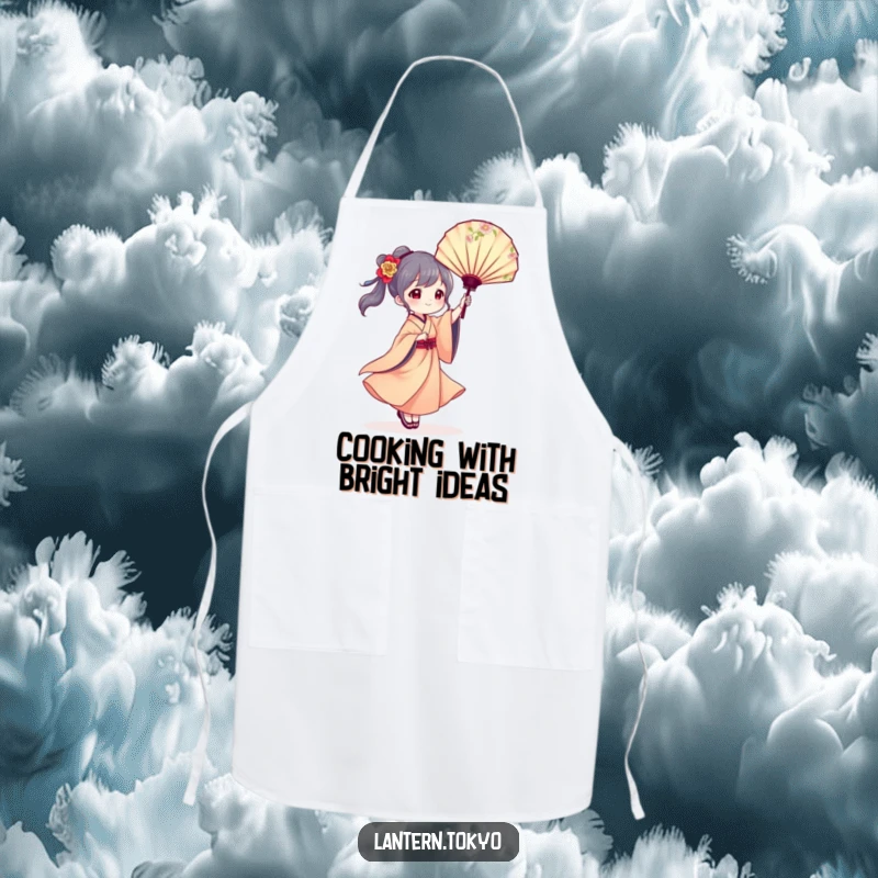 Funny apron showcasing a lantern character in a traditional kimono gracefully twirling a floral fan, adding artistic charm to cooking.