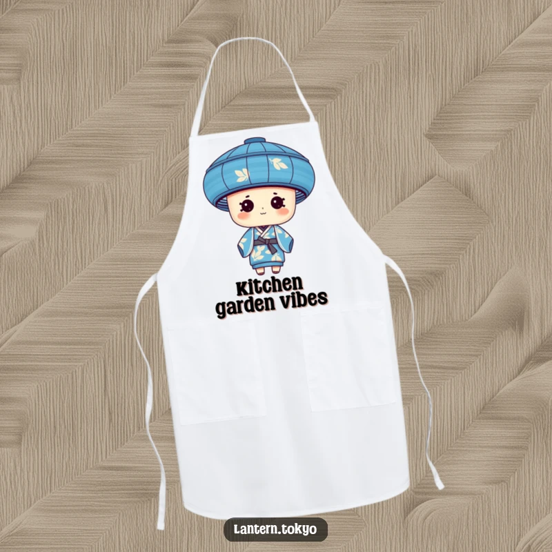 Funny blue cylindrical lantern with leafy patterns wearing a silk kimono, a humorous and stylish apron for cooking.