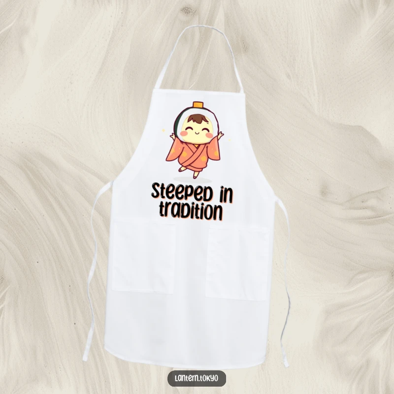 Funny sushi lantern wearing a kimono and dancing while cooking, making this apron a humorous and practical kitchen accessory.