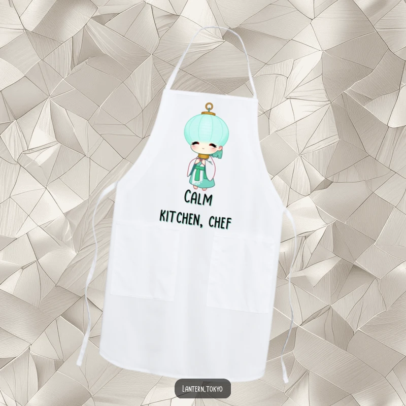 Funny Teal Lantern Apron with a serene teal lantern in a white kimono, adding peaceful humor to the kitchen. A great funny gift.