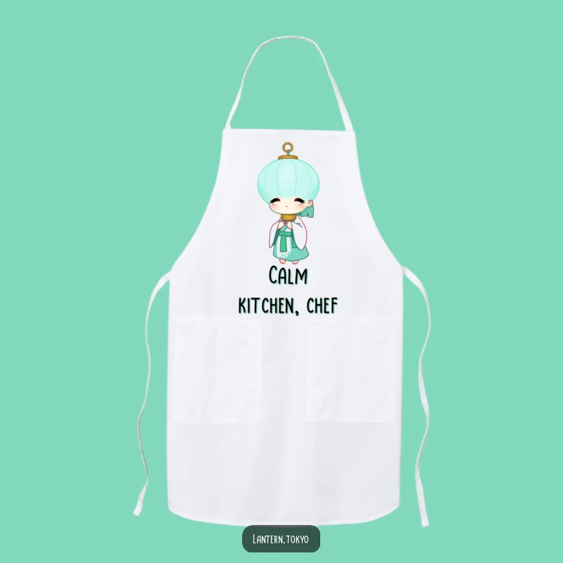 Funny Teal Lantern Apron: Peaceful White Kimono Kitchen Humor for Calm Cooks