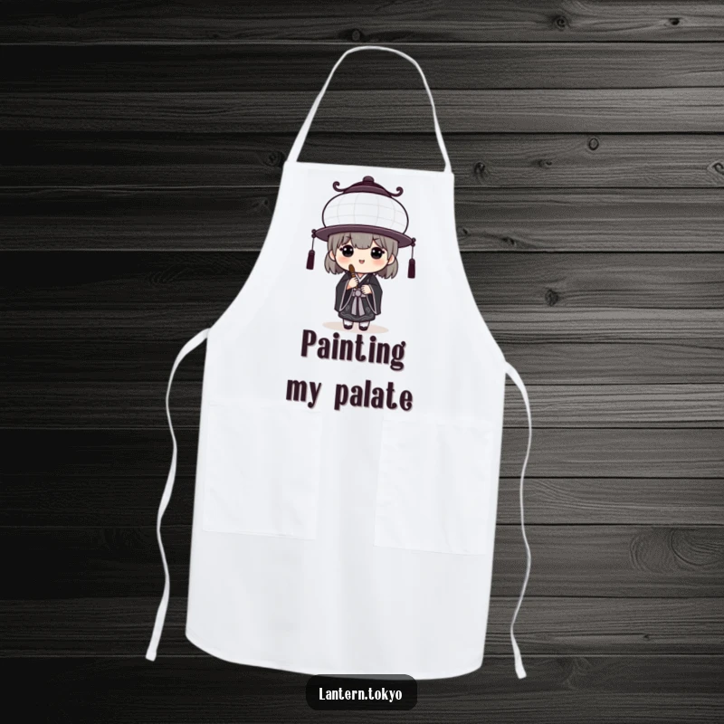 Funny White Lantern Apron with a black kimono artist holding a brush, adding humorous artistic flair to cooking. A great funny gift.