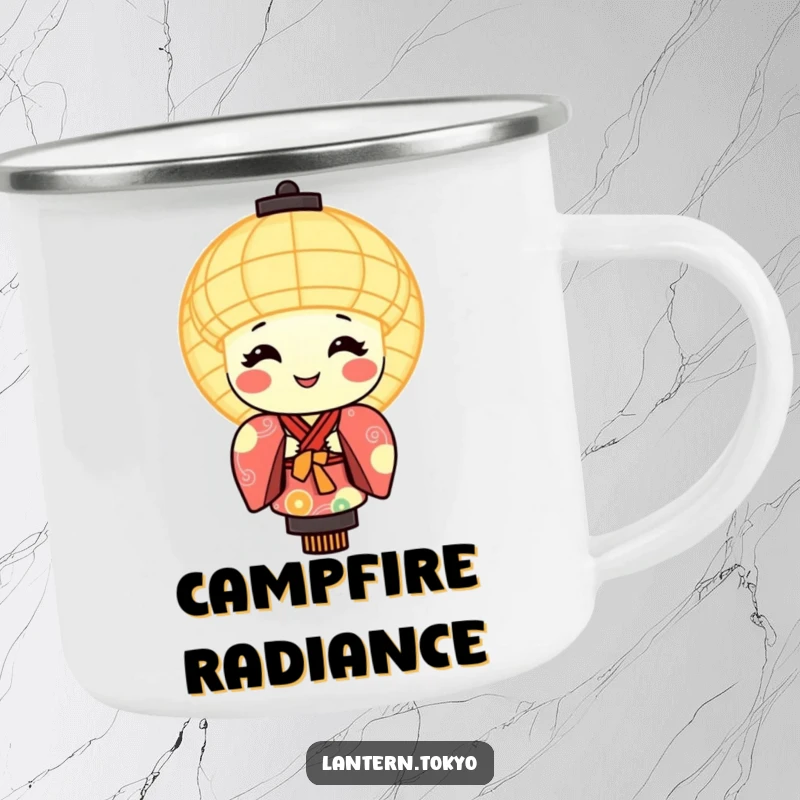 Funny camping mug with a smiling, glowing lantern character dressed in a colorful kimono, perfect for outdoor settings.