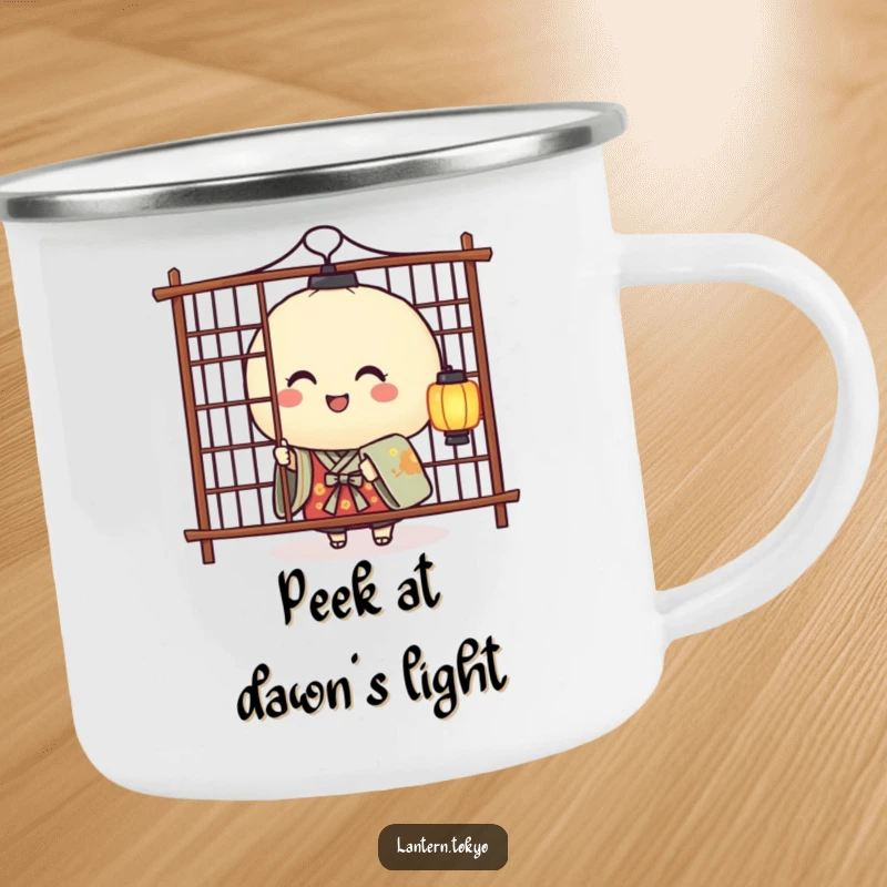 Funny camping mug featuring a smiling rice ball lantern in a kimono playfully peeking from behind a screen, perfect for outdoor fun.