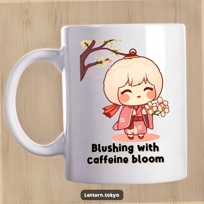 Funny mug showing a blushing dango lantern in a kimono gently offering a delicate flower, symbolizing sweet affection and charm.