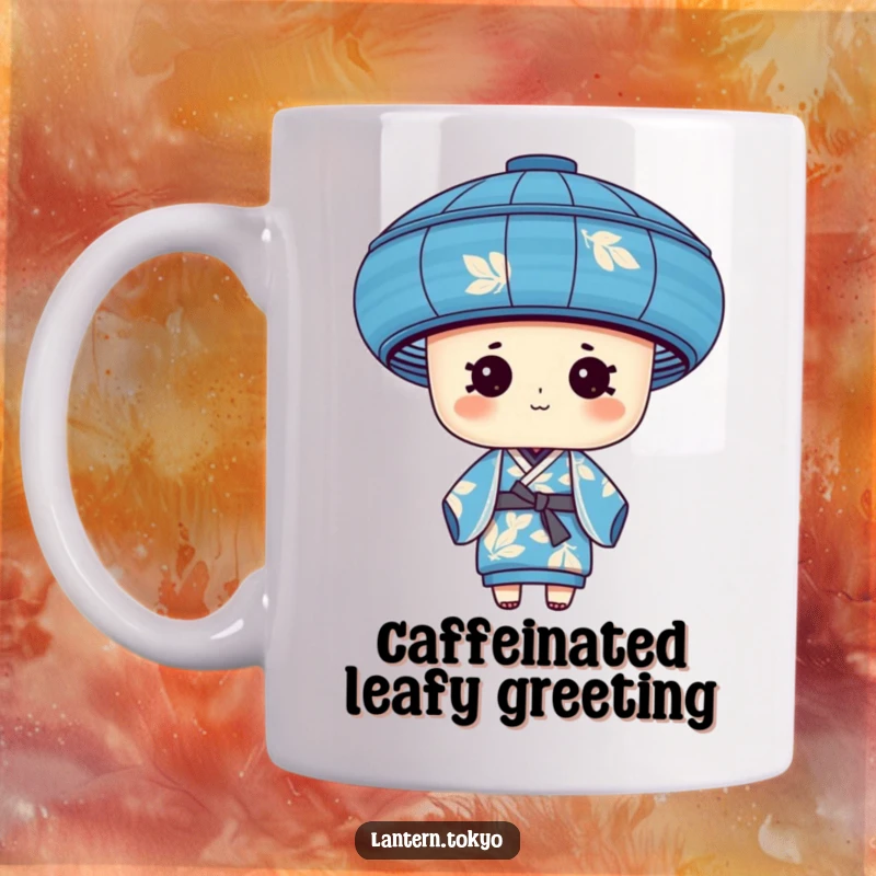 Funny blue cylindrical lantern with leafy patterns wearing a silk kimono, ceramic coffee mug, artistic and humorous.