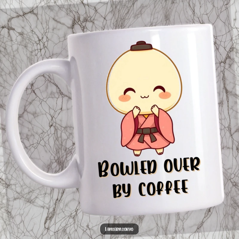 Funny mug showing a cheerful mochi lantern in a kimono performing a graceful and gentle bow, exuding politeness and charm.