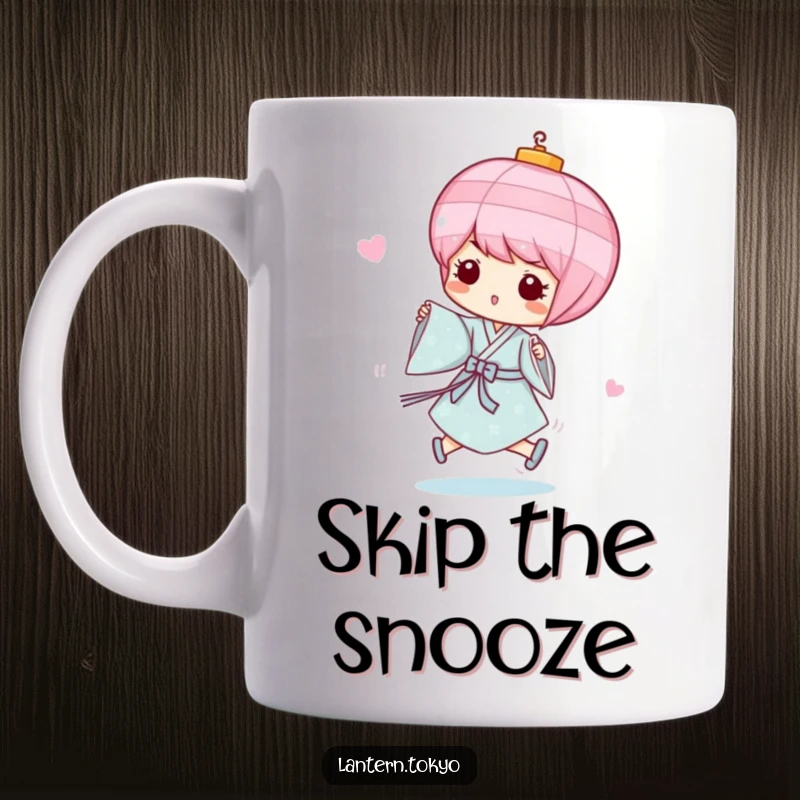 Funny Pink Lantern Mug in a light blue kimono, playfully skipping with joy. A whimsical and humorous gift for cheerful souls.