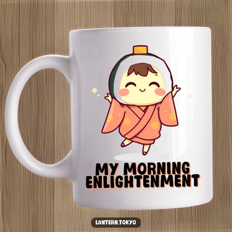 Funny sushi lantern in a kimono dancing joyfully, bringing a unique and humorous vibe to this delightful mug.