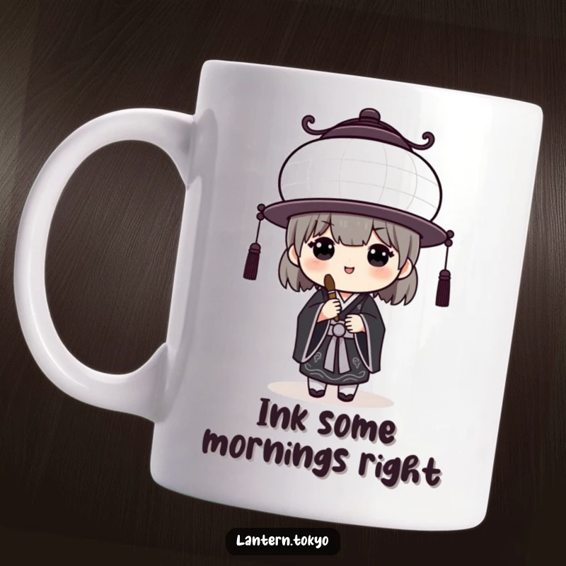 Funny White Lantern Mug in a black kimono, artistically holding a calligraphy brush, ready to create. This mug is a humorous gift for artists.