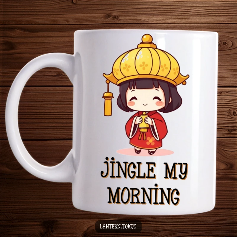 Funny Gold Lantern Mug in a festive red kimono, happily ringing a small bell. A cheerful and humorous gift for celebrations.