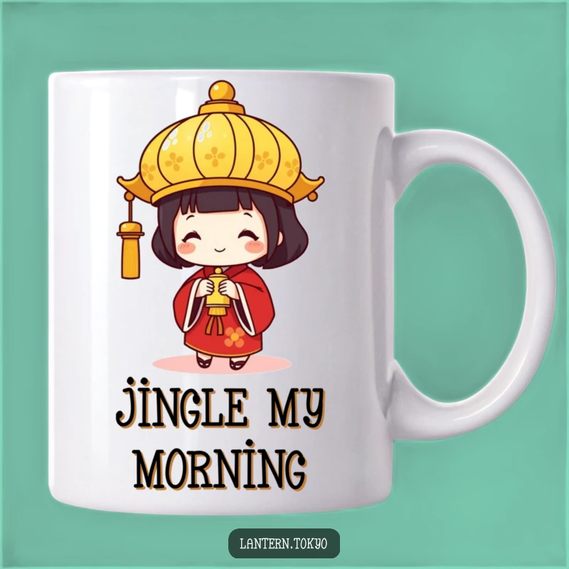 Funny Gold Lantern Festive Mug: Red Kimono Bell Ringer's Celebration Gift