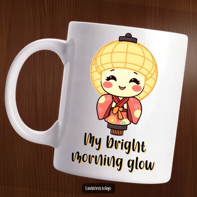 Funny mug with a round, smiling, glowing lantern character dressed in a beautiful, colorful kimono.
