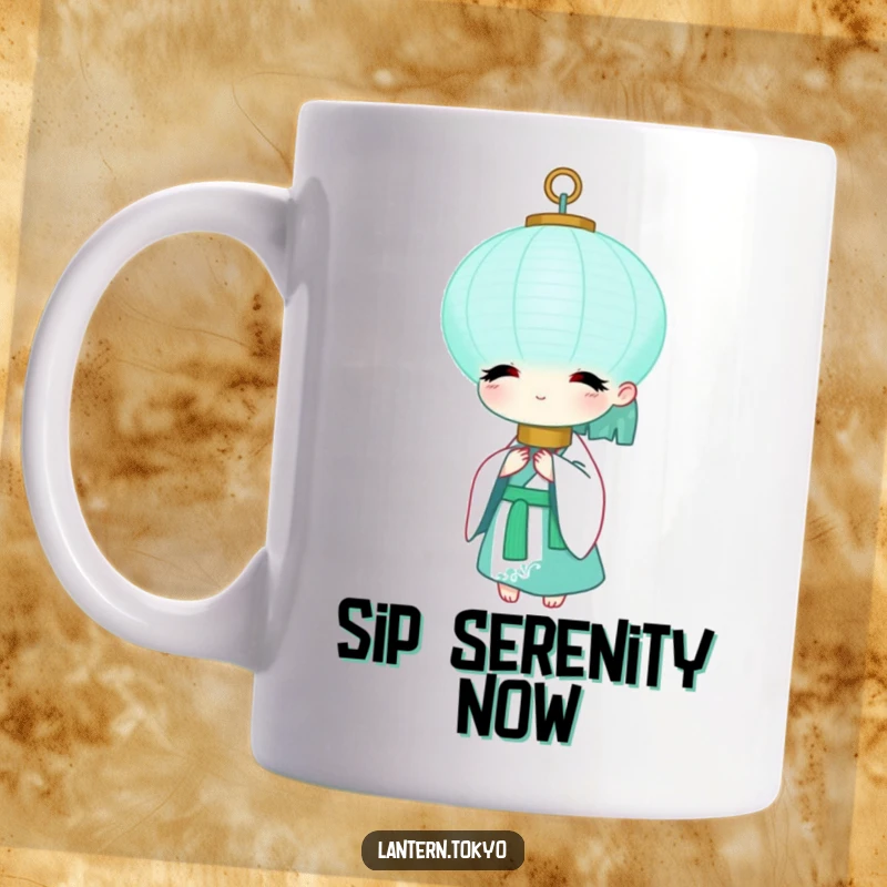 Funny Teal Lantern Mug depicted in a peaceful white kimono, exuding serenity. A humorous and calming gift for mindful mornings.