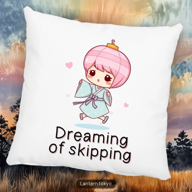 Funny Pink Lantern Pillow featuring a whimsical pink lantern in a light blue kimono, playfully skipping, providing comfort and humorous joy. A perfect funny gift.