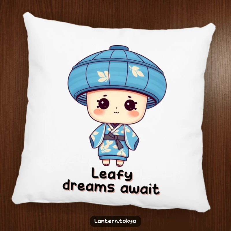 Funny blue cylindrical lantern with leafy patterns wearing a silk kimono, a soft and humorous decorative pillow.