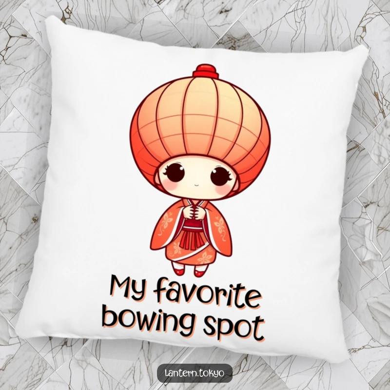 Funny red conical lantern in a detailed kimono bowing gracefully, a soft and humorous decorative pillow for sofas.