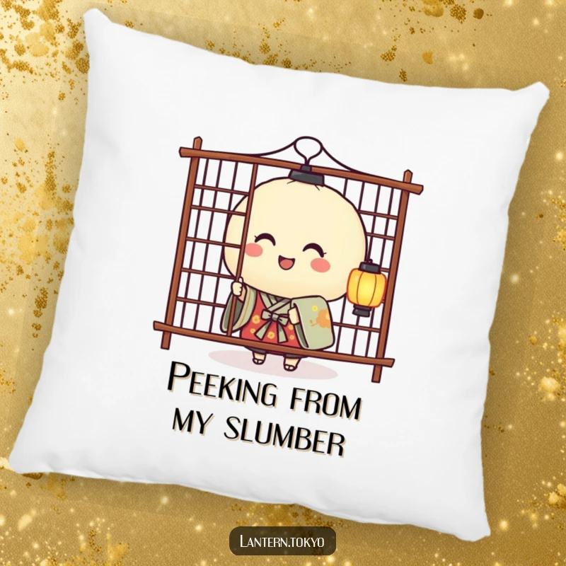 Funny pillow featuring a smiling rice ball lantern in a kimono playfully peeking from behind a screen, offering cute and cozy appeal.