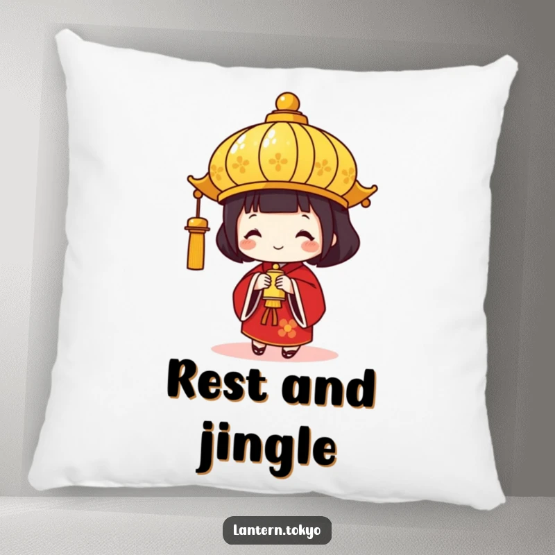 Funny Gold Lantern Pillow featuring a festive red kimono lantern with a small bell, providing comfort and humorous celebration. A perfect funny gift.