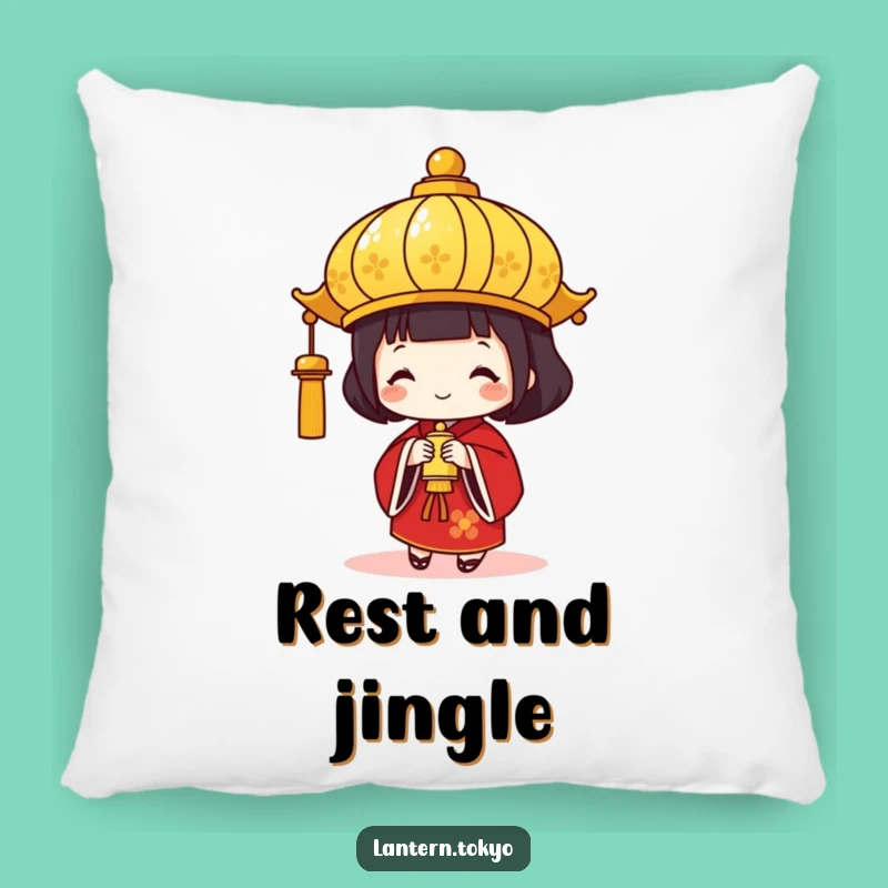 Comfy Funny Gold Lantern Pillow: Red Kimono Festive Accent with a Bell