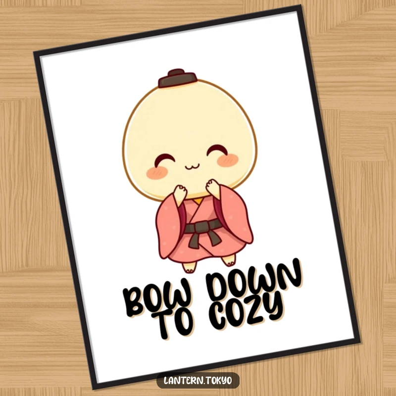 Funny digital art of a cheerful mochi lantern in a kimono performing a gentle bow, perfect for creating a welcoming atmosphere.