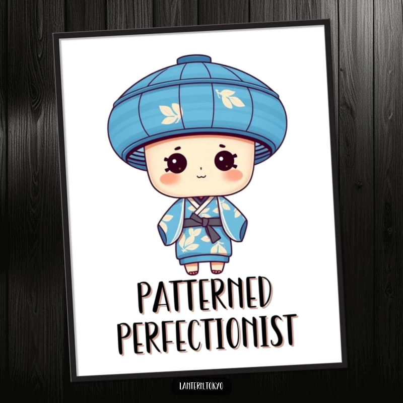 Funny blue cylindrical lantern with leafy patterns wearing a silk kimono, printable digital art for instant nature-themed humorous decor.