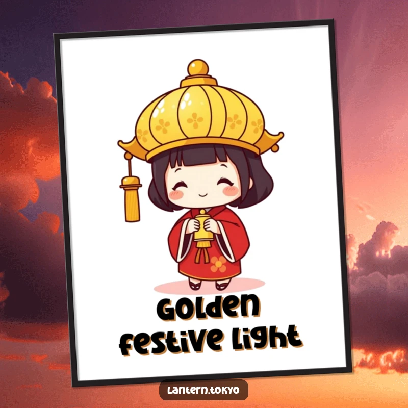 Funny Gold Lantern Digital Art Print of a festive red kimono lantern holding a small bell, offering humorous celebration. A perfect downloadable funny gift.