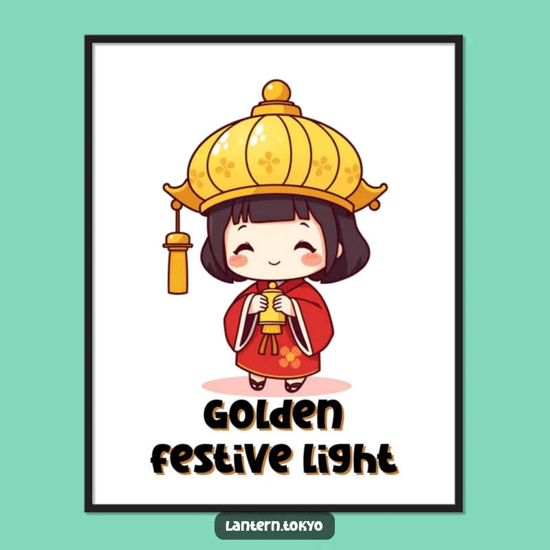 Funny Gold Lantern Digital Art: Red Kimono Festive Print for Celebratory Decor