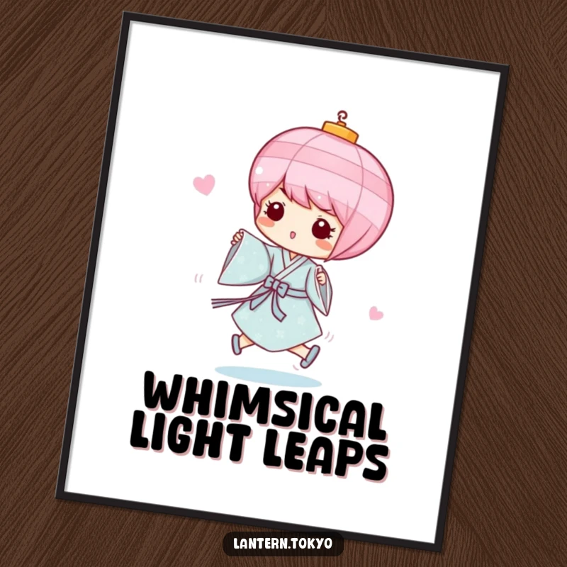 Funny Pink Lantern Digital Art Print of a whimsical pink lantern in a light blue kimono, playfully skipping, offering humorous fun. A perfect downloadable funny gift.