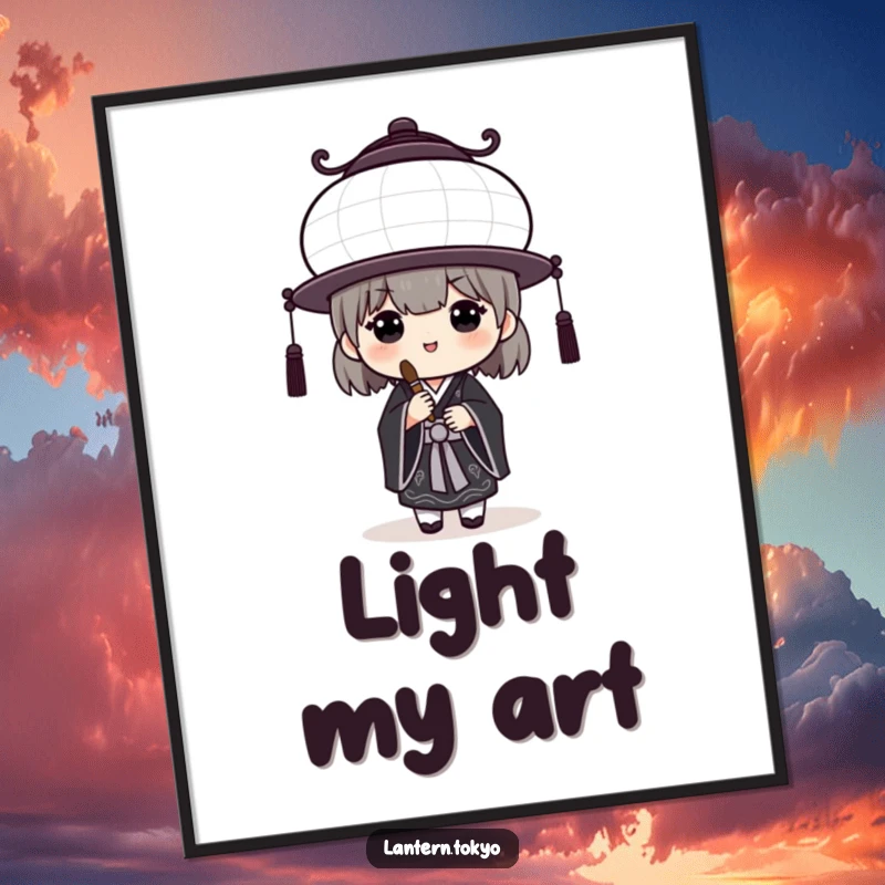 Funny White Lantern Digital Art Print of a black kimono artist holding a brush, offering humorous creative inspiration. A perfect downloadable funny gift.