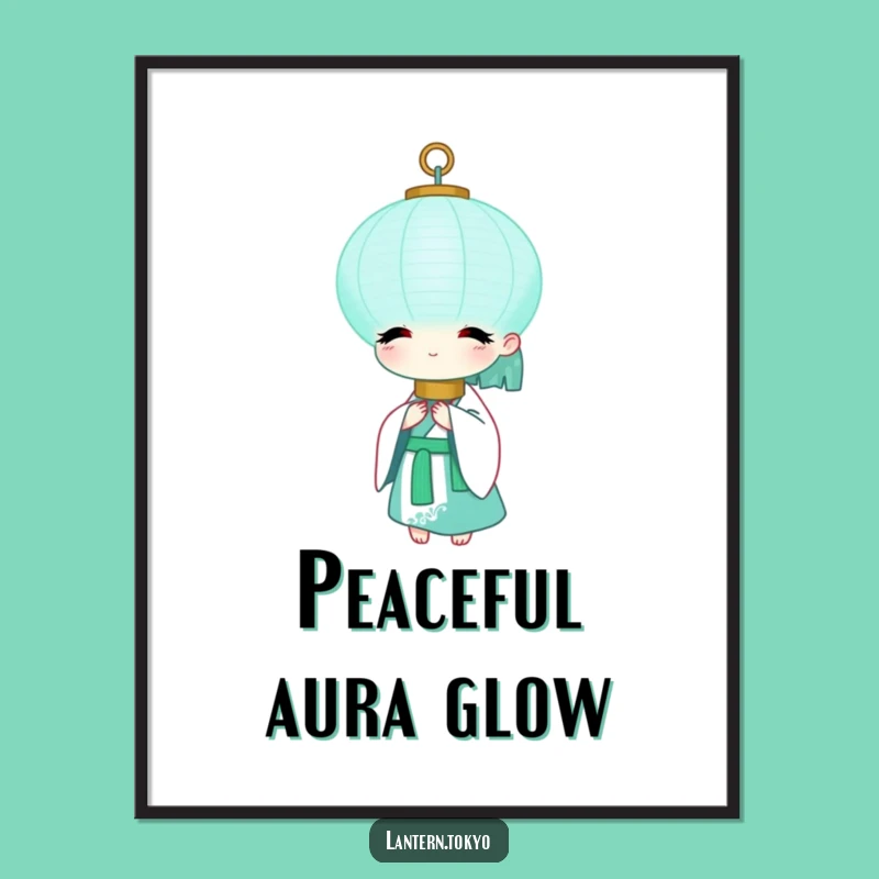 Funny Teal Lantern Digital Art: White Kimono Peaceful Print for Serene Decor