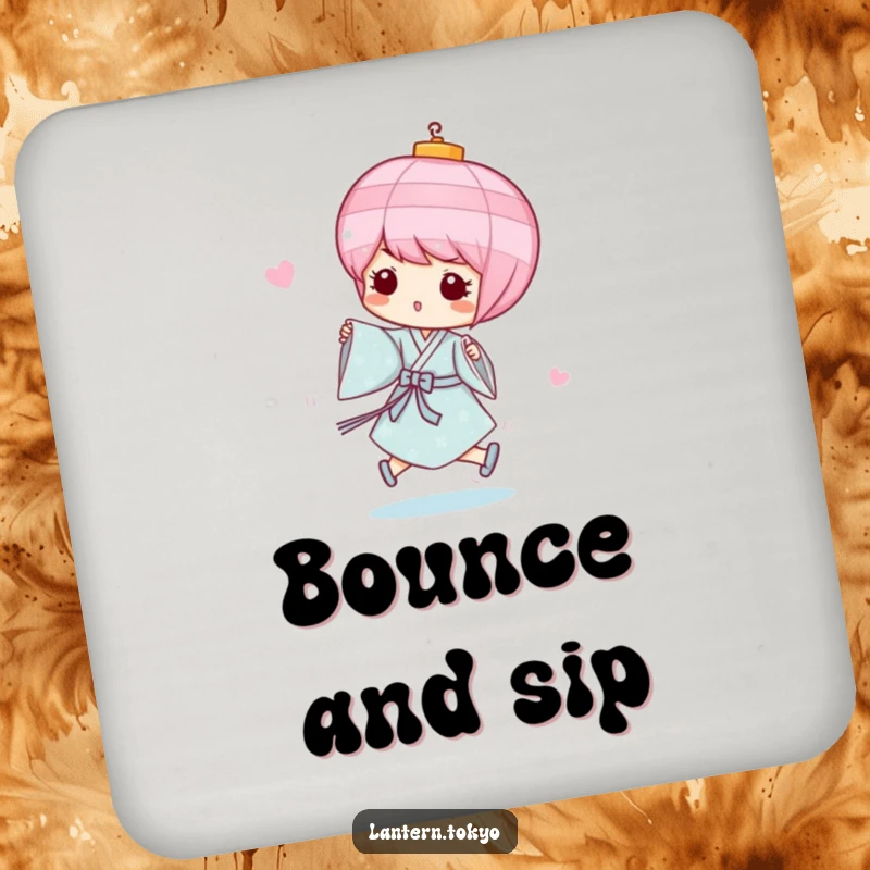 Funny Pink Lantern Coaster with a whimsical pink lantern in a light blue kimono, playfully skipping, adding humorous charm and surface protection. A perfect funny gift.
