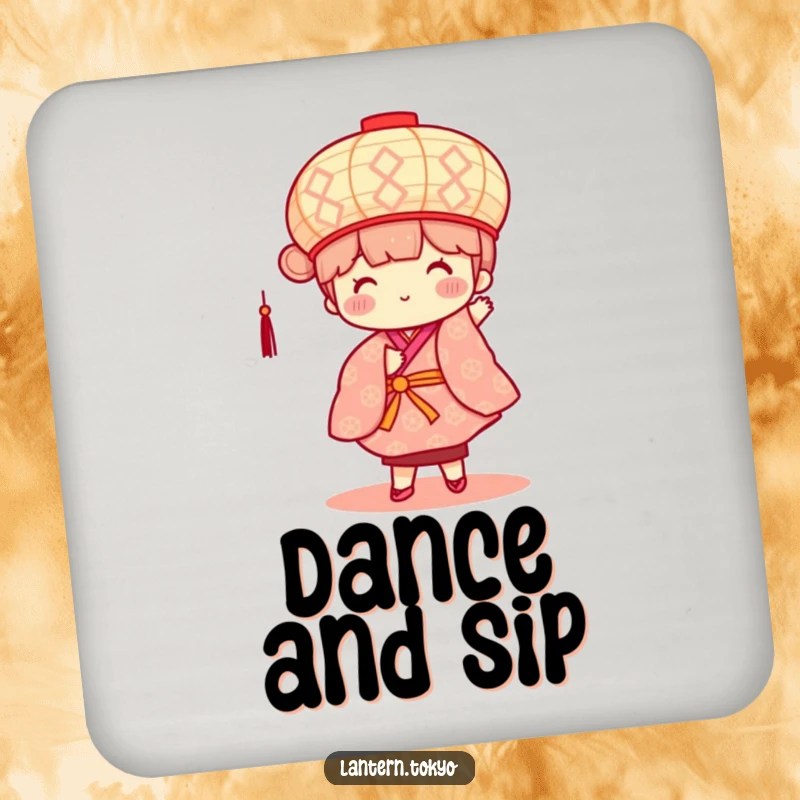 Funny drink coasters featuring a square lantern with rosy cheeks, dancing in a kimono.
