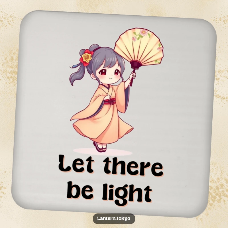 Funny drink coasters depicting a lantern character in a kimono gracefully twirling a floral fan, adding artistic elegance to any setting.