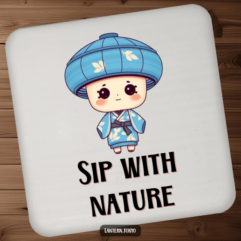 Funny blue cylindrical lantern with leafy patterns wearing a silk kimono, decorative drink coasters with a natural, humorous theme.