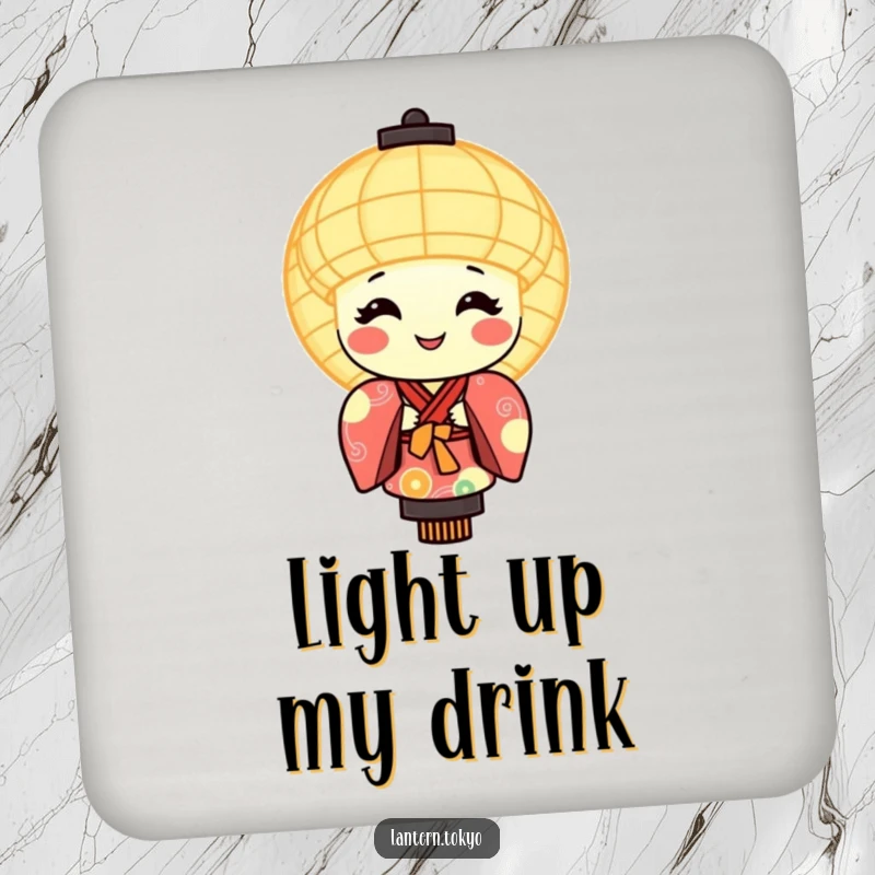 Funny drink coasters featuring a smiling, glowing lantern character wearing a colorful kimono.