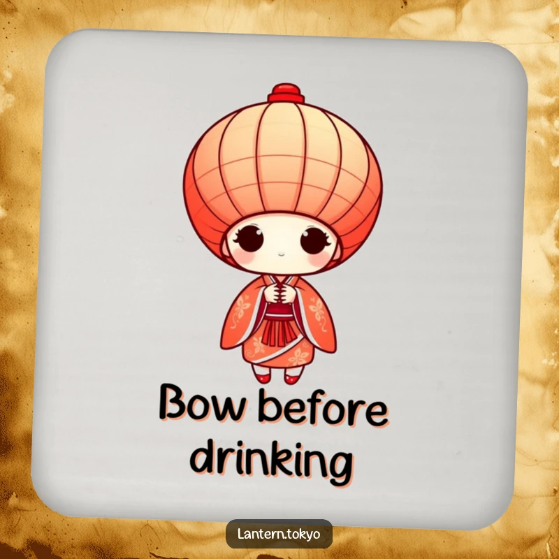 Funny red conical lantern in a detailed kimono bowing gracefully, decorative drink coasters with a humorous design.