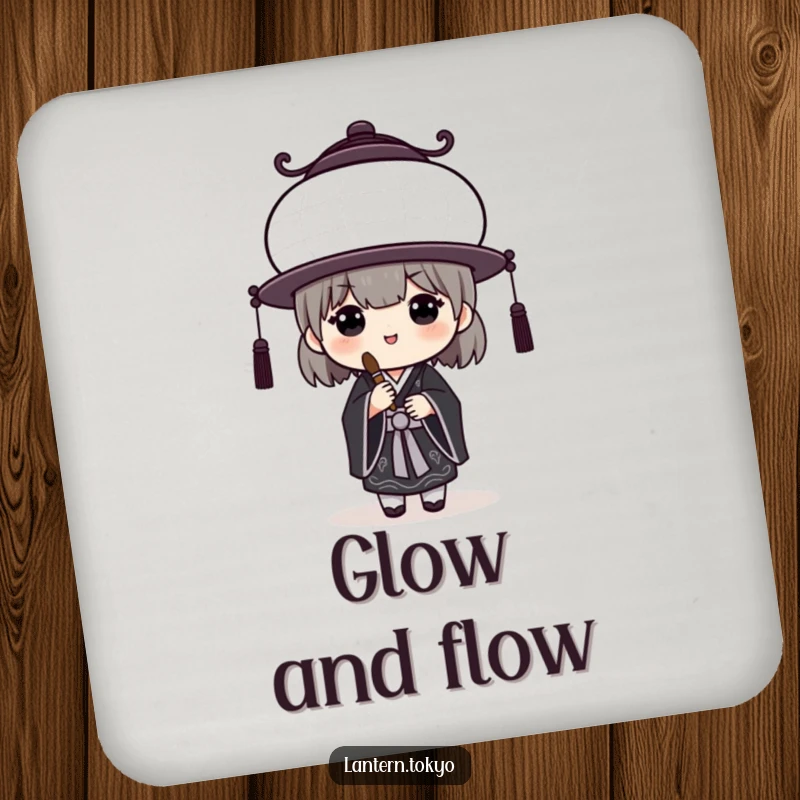 Funny White Lantern Coaster featuring a black kimono artist with a brush, adding artistic humor and surface protection. A perfect funny gift.