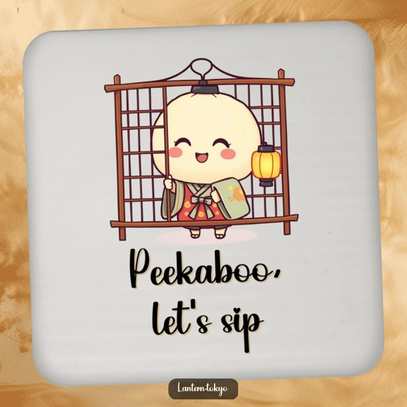 Funny drink coasters with a smiling rice ball lantern in a kimono playfully peeking from behind a screen, adding cute humor.