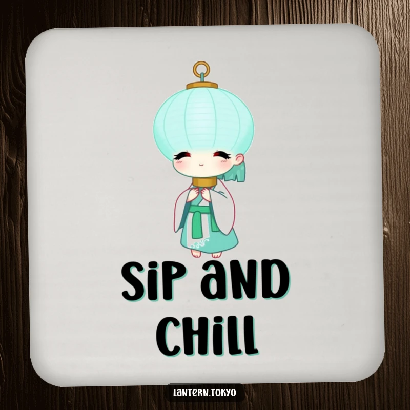 Funny Teal Lantern Coaster with a serene teal lantern in a white kimono, offering peaceful humor and surface protection. A perfect funny gift.