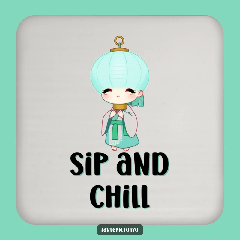 Funny Teal Lantern Coaster: Peaceful White Kimono Surface Protection with Humor