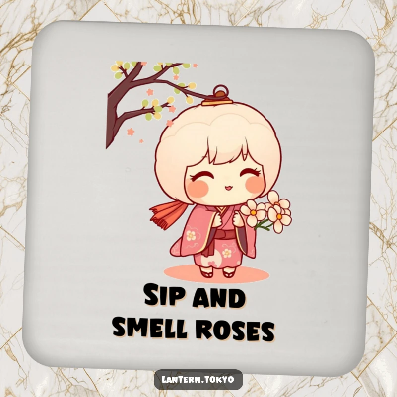 Funny drink coasters with a blushing dango lantern in a kimono offering a delicate flower, adding sweet humor to any setting.