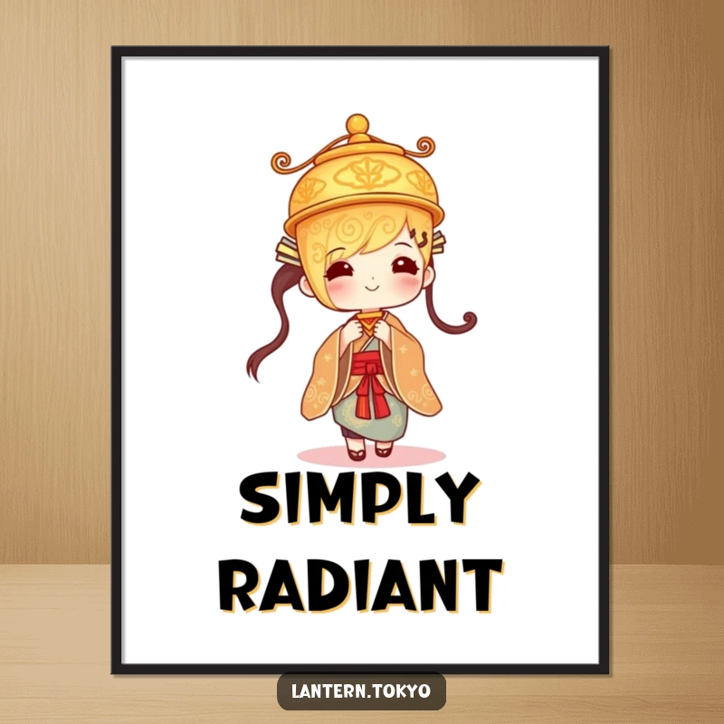 Funny golden lantern with intricate designs gently swaying in a kimono, a decorative poster for elegant and humorous wall art.