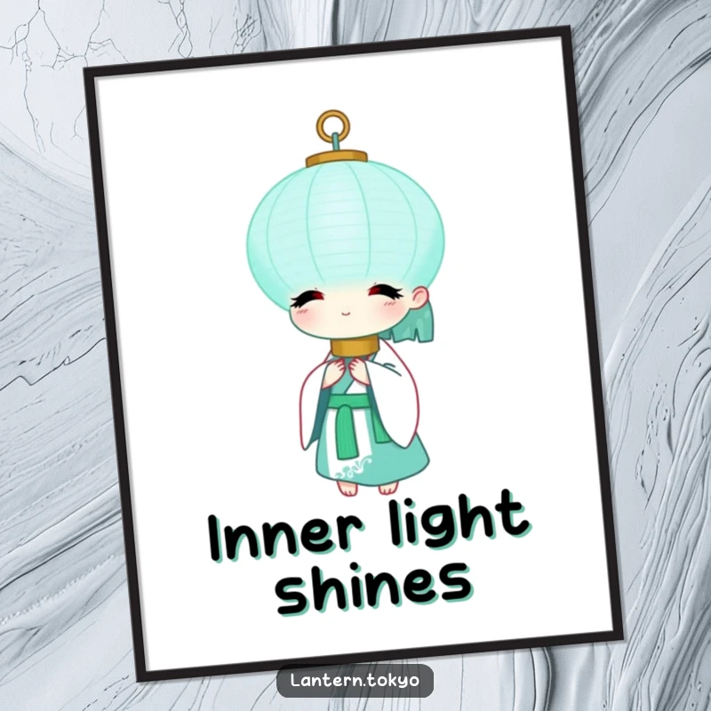 Funny Teal Lantern Poster depicting a serene teal lantern in a white kimono, offering peacefulness and humor. A perfect funny gift.