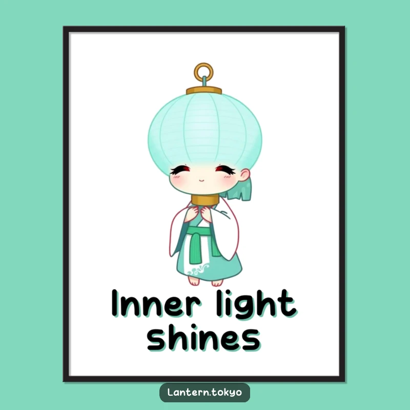 Funny Teal Lantern Poster: Peaceful White Kimono Art for Serene Spaces