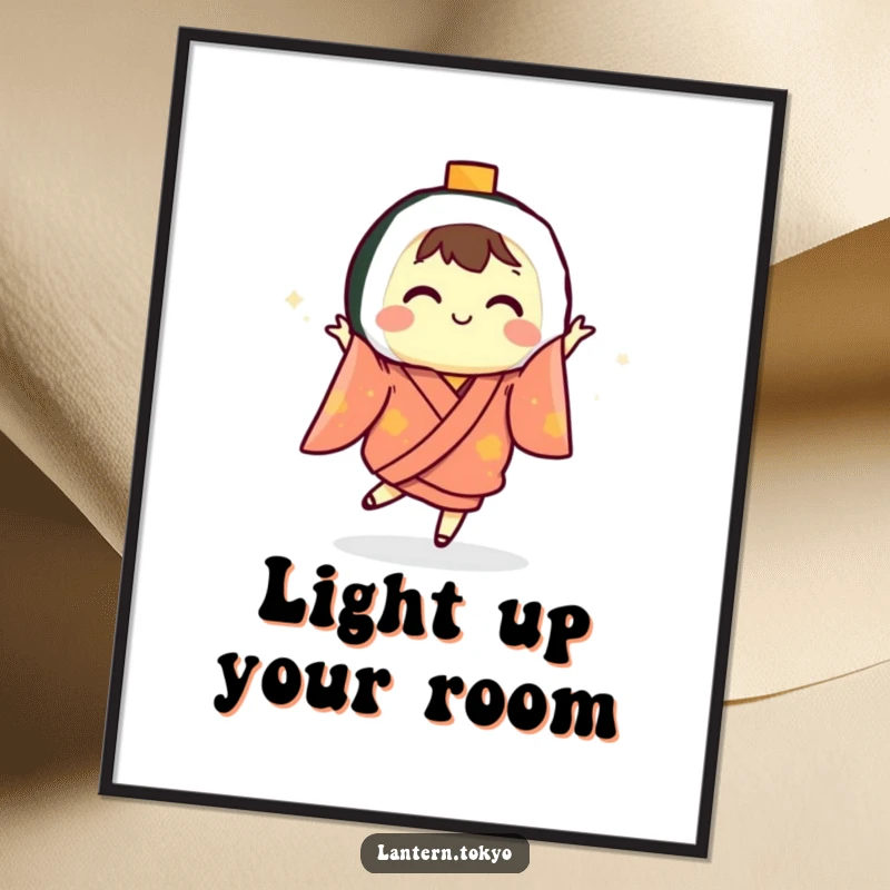 Funny sushi lantern in a colorful kimono dancing with glee, captured on a poster to add humorous artistic flair.