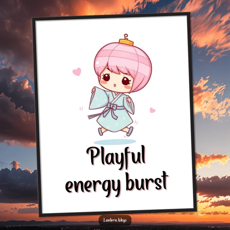 Funny Pink Lantern Poster depicting a whimsical pink lantern in a light blue kimono, playfully skipping, adding humorous charm. A unique funny gift.