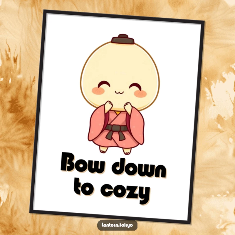 Funny poster art of a cheerful mochi lantern in a kimono performing a gentle bow, creating an atmosphere of warmth and welcome.