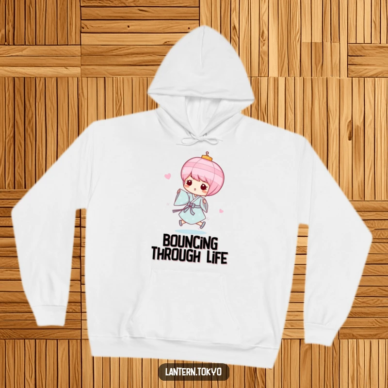 Funny Pink Lantern Hoodie with a light blue kimono and a playfully skipping pink lantern, offering comfort and whimsical humor. A perfect funny gift.