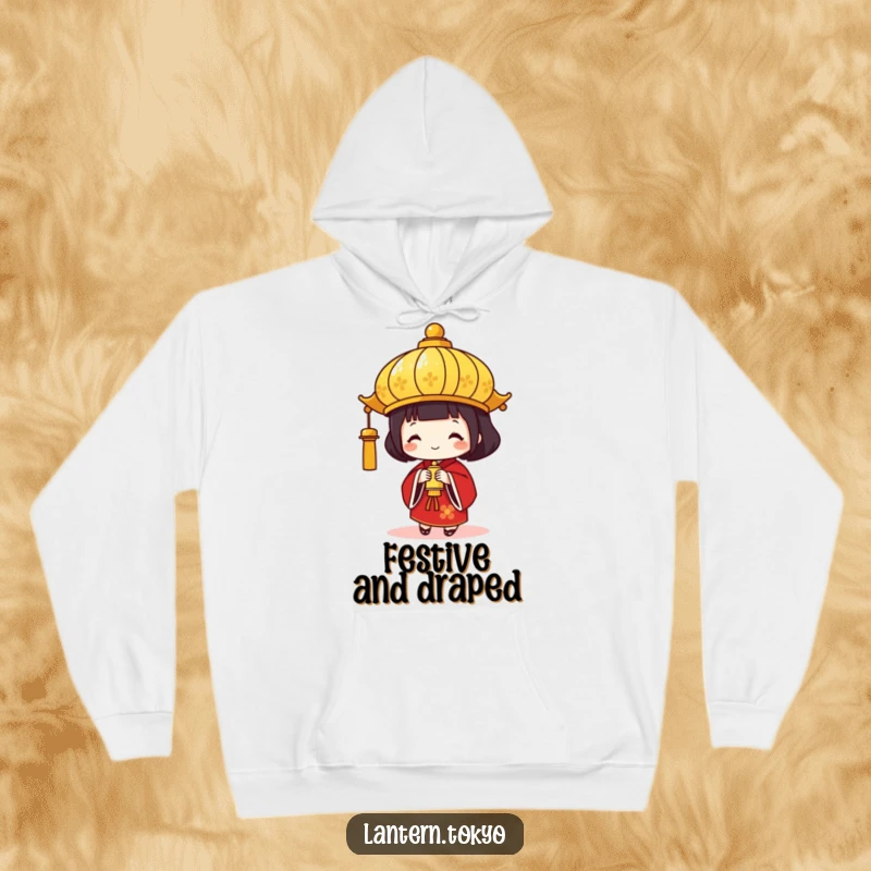 Funny Gold Lantern Hoodie with a festive red kimono and a small bell, offering warmth and humorous celebration. A perfect funny gift.